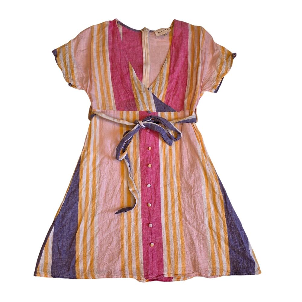 Line & Dot Striped Linen Blend Wrap Dress Pink Orange Purple XS
